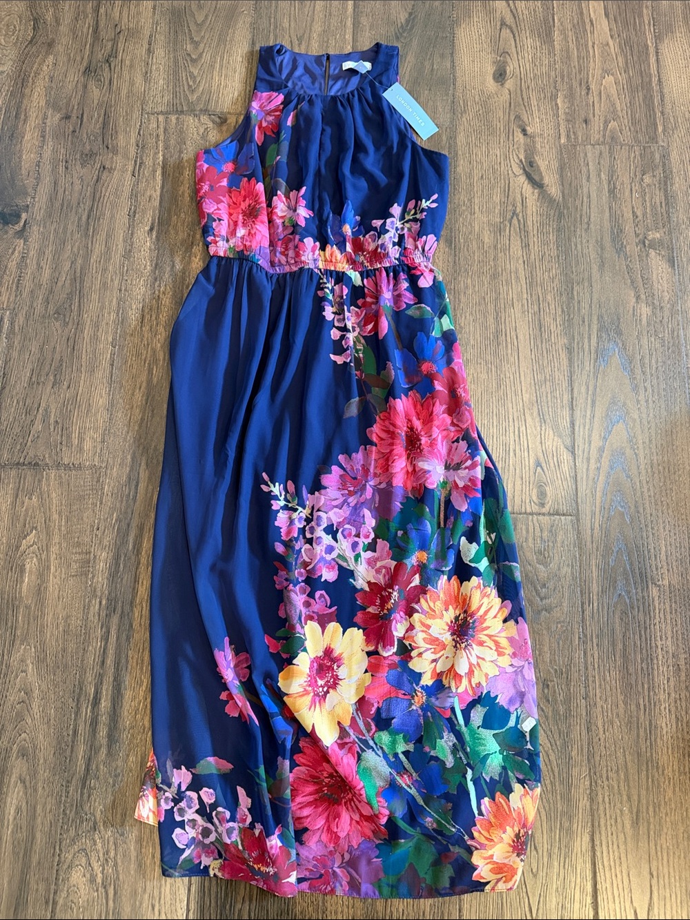 London Times Navy Floral Dress with Bright Multicolor Blooms